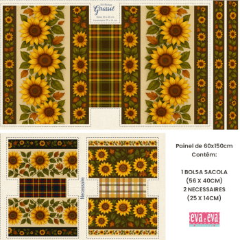Tecido Painel em Sarja Impermeável 100% Algodão | Bolsa + 2 Necessaires | Floral - Campos de Girassol | DGGR813881