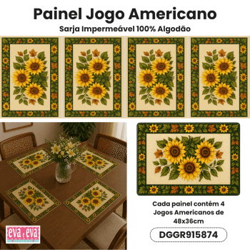 Tecido Painel em Sarja Impermeável 100% Algodão | 4 Jogos Americanos | Floral - Campos de Girassol | DGGR915874
