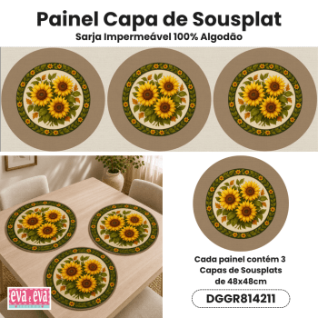 Tecido Painel em Sarja Impermeável 100% Algodão | 3 Capas de Sousplat | Floral - Campos de Girassol | DGGR814211 Tecido Painel em Sarja Impermeável 100% Algodão | 3 Capas de Sousplat | Floral - Campos de Girassol | DGGR814211