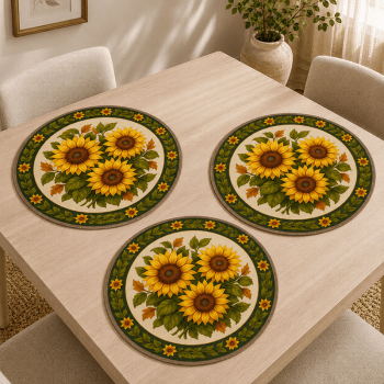 Tecido Painel em Sarja Impermeável 100% Algodão | 3 Capas de Sousplat | Floral - Campos de Girassol | DGGR814211 Tecido Painel em Sarja Impermeável 100% Algodão | 3 Capas de Sousplat | Floral - Campos de Girassol | DGGR814211