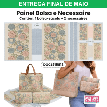 Tecido Painel em Sarja Impermeável 100% Algodão | Bolsa + 2 Necessaires | Floral - Crochê Colorê | DGCL915818