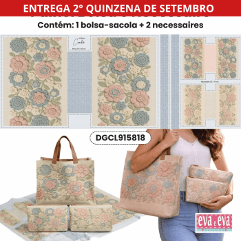 Tecido Sarja Impermeável Painel de Bolsa + 2 Necessaires Croche Floral 3D Costura Criativa DIY - DGCL915818 Tecido Sarja Impermeável Painel de Bolsa + 2 Necessaires Croche Floral 3D Costura Criativa DIY - DGCL915818
