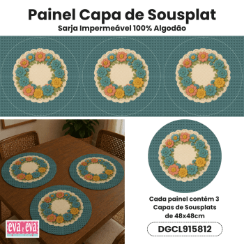 Tecido Painel em Sarja Impermeável 100% Algodão | 3 Capas de Sousplat | Floral - Crochê Colorê | DGCL915812 Tecido Painel em Sarja Impermeável 100% Algodão | 3 Capas de Sousplat | Floral - Crochê Colorê | DGCL915812