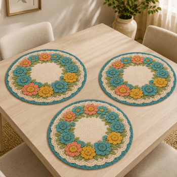 Tecido Painel em Sarja Impermeável 100% Algodão | 3 Capas de Sousplat | Floral - Crochê Colorê | DGCL915812 Tecido Painel em Sarja Impermeável 100% Algodão | 3 Capas de Sousplat | Floral - Crochê Colorê | DGCL915812