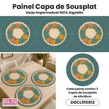 Tecido Painel em Sarja Impermeável 100% Algodão | 3 Capas de Sousplat | Floral - Crochê Colorê | DGCL915812 Tecido Painel em Sarja Impermeável 100% Algodão | 3 Capas de Sousplat | Floral - Crochê Colorê | DGCL915812
