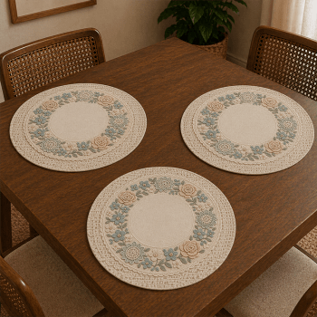 Tecido Painel em Sarja Impermeável 100% Algodão | 3 Capas de Sousplat | Floral - Crochê Colorê | DGCL915817 Tecido Painel em Sarja Impermeável 100% Algodão | 3 Capas de Sousplat | Floral - Crochê Colorê | DGCL915817