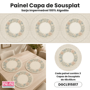 Tecido Painel em Sarja Impermeável 100% Algodão | 3 Capas de Sousplat | Floral - Crochê Colorê | DGCL915817 Tecido Painel em Sarja Impermeável 100% Algodão | 3 Capas de Sousplat | Floral - Crochê Colorê | DGCL915817