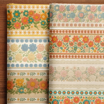 TECIDO TRICOLINE EXCLUSIVO 100% ALGODÃO - CROCHÊ COLORÊ - BARRADO FLORAL - DGCL915826
