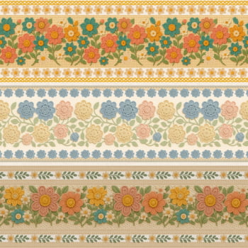 TECIDO TRICOLINE EXCLUSIVO 100% ALGODÃO - CROCHÊ COLORÊ - BARRADO FLORAL - DGCL915826
