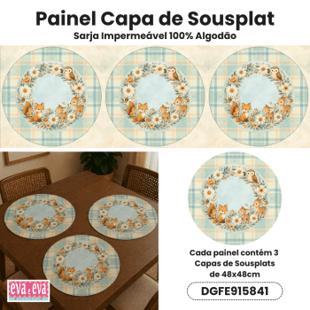 Tecido Painel em Sarja Impermeável 100% Algodão | 3 Capas de Sousplat | Infantil - Floresta Encantada | DGFE915841 Tecido Painel em Sarja Impermeável 100% Algodão | 3 Capas de Sousplat | Infantil - Floresta Encantada | DGFE915841