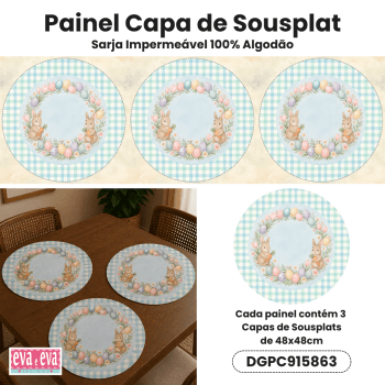 Tecido Painel em Sarja Impermeável 100% Algodão | 3 Capas de Sousplat | Infantil - Páscoa dos Coelhinhos | DGPC915863 Tecido Painel em Sarja Impermeável 100% Algodão | 3 Capas de Sousplat | Infantil - Páscoa dos Coelhinhos | DGPC915863