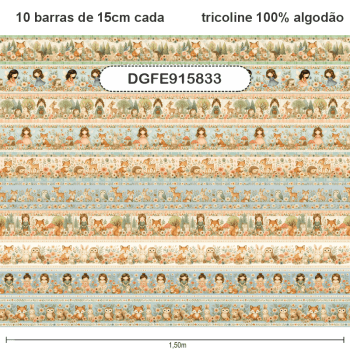 TECIDO TRICOLINE EXCLUSIVO 100% ALGODÃO - FLORESTA ENCANTADA - BARRADO INFANTIL - DGFE915833