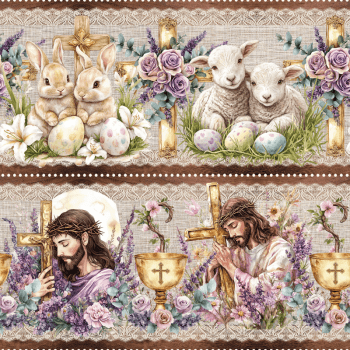 TECIDO TRICOLINE EXCLUSIVO 100% ALGODÃO - PÁSCOA DOS COELHINHOS - BARRADO RELIGIOSO - DGST915864