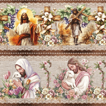 TECIDO TRICOLINE EXCLUSIVO 100% ALGODÃO - PÁSCOA DOS COELHINHOS - BARRADO RELIGIOSO - DGST915864