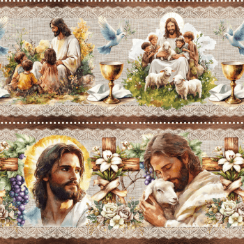 TECIDO TRICOLINE EXCLUSIVO 100% ALGODÃO - PÁSCOA DOS COELHINHOS - BARRADO RELIGIOSO - DGST915864