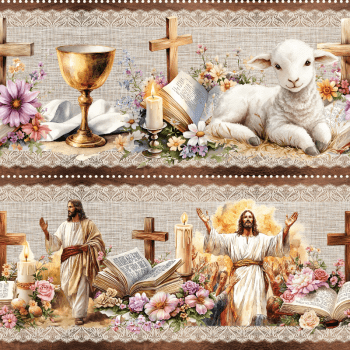 TECIDO TRICOLINE EXCLUSIVO 100% ALGODÃO - PÁSCOA DOS COELHINHOS - BARRADO RELIGIOSO - DGST915864