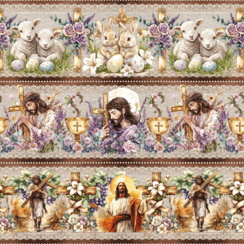 TECIDO TRICOLINE EXCLUSIVO 100% ALGODÃO - PÁSCOA DOS COELHINHOS - BARRADO RELIGIOSO - DGST915864