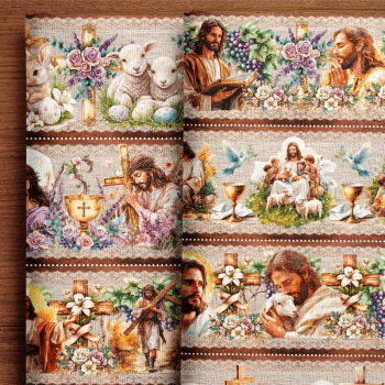 TECIDO TRICOLINE EXCLUSIVO 100% ALGODÃO - PÁSCOA DOS COELHINHOS - BARRADO RELIGIOSO - DGST915864 TECIDO TRICOLINE EXCLUSIVO 100% ALGODÃO - PÁSCOA DOS COELHINHOS - BARRADO RELIGIOSO - DGST915864