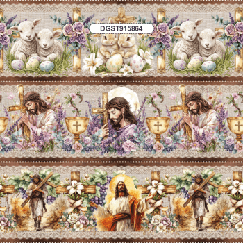 TECIDO TRICOLINE EXCLUSIVO 100% ALGODÃO - PÁSCOA DOS COELHINHOS - BARRADO RELIGIOSO - DGST915864