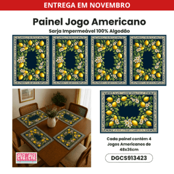 Tecido Painel em Sarja Impermeável 100% Algodão | 4 Jogos Americanos | Frutas Limão - Charme Siciliano | DGCS913423 Tecido Painel em Sarja Impermeável 100% Algodão | 4 Jogos Americanos | Frutas Limão - Charme Siciliano | DGCS913423