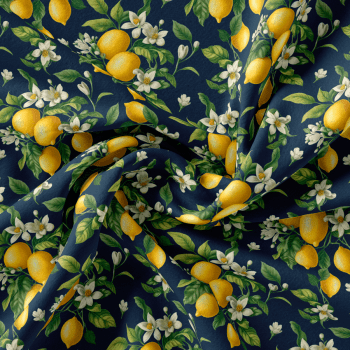 Explore a coleção Charme Siciliano com estampas elegantes de limões e flores. Ideal para costura criativa e decoração com sofisticação mediterrânea.