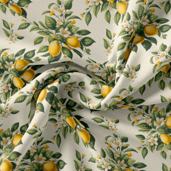 Explore a coleção Charme Siciliano com estampas elegantes de limões e flores. Ideal para costura criativa e decoração com sofisticação mediterrânea.