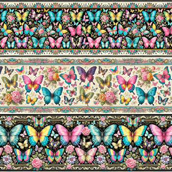 TECIDO TRICOLINE DIGITAL EXCLUSIVO 100% ALGODÃO- BORBOLETAS ENCANTADAS- BARRADO FLORAL -DGBE914249