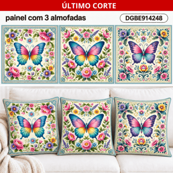 Tecido Tricoline 100% Algodão Painel com 3 Capas de Almofada Borboleta Floral Costura Criativa DIY - DGBE914248 Tecido Tricoline 100% Algodão Painel com 3 Capas de Almofada Borboleta Floral Costura Criativa DIY - DGBE914248