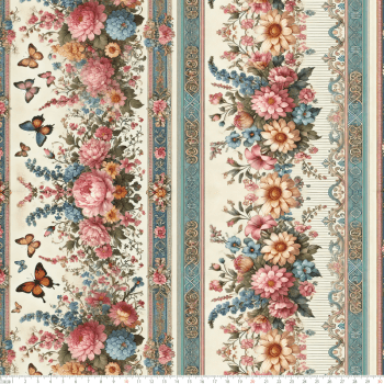 TECIDO TRICOLINE DIGITAL EXCLUSIVO 100% ALGODÃO- FLORES VINTAGE - BARRADO FLORAL - DGFV914241