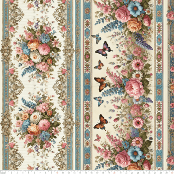 TECIDO TRICOLINE DIGITAL EXCLUSIVO 100% ALGODÃO- FLORES VINTAGE - BARRADO FLORAL - DGFV914241