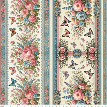 TECIDO TRICOLINE DIGITAL EXCLUSIVO 100% ALGODÃO- FLORES VINTAGE - BARRADO FLORAL - DGFV914241