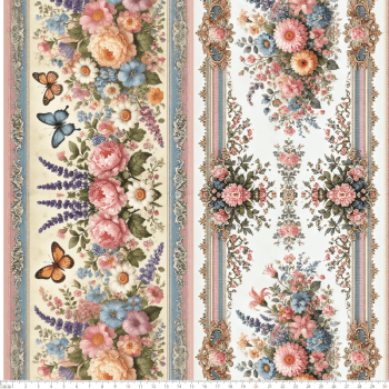 TECIDO TRICOLINE DIGITAL EXCLUSIVO 100% ALGODÃO- FLORES VINTAGE - BARRADO FLORAL - DGFV914241