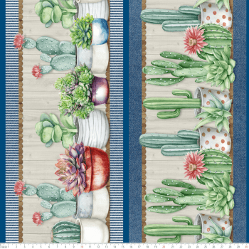 TECIDO TRICOLINE ESTAMPADO DIGITAL EXCLUSIVO 100% ALGODÃO - CACTUS & CIA BARRADO - FLORAL - DGCC912698