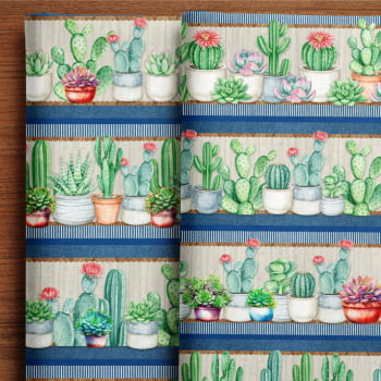 TECIDO TRICOLINE ESTAMPADO DIGITAL EXCLUSIVO 100% ALGODÃO - CACTUS & CIA BARRADO - FLORAL - DGCC912698