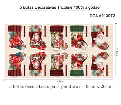 TECIDO TRICOLINE ESTAMPADO DIGITAL EXCLUSIVO 100% ALGODÃO-NOEL VINTAGE-BOTAS DECORATIVAS-DGNV913072