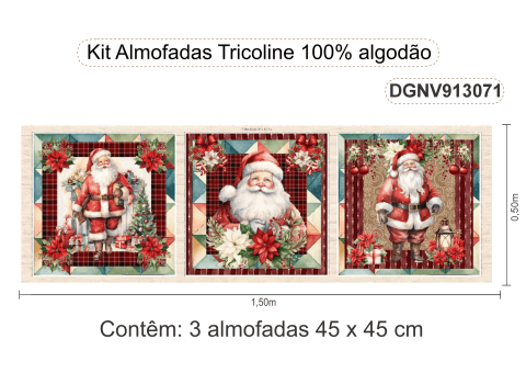 TECIDO TRICOLINE ESTAMPADO DIGITAL EXCLUSIVO 100% ALGODÃO - NOEL VINTAGE - KIT ALMOFADA - DGNV913071