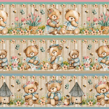 TECIDO TRICOLINE ESTAMPADO DIGITAL EXCLUSIVO 100% ALGODÃO - TEDDY BEAR - BARRADO - DGTB911790