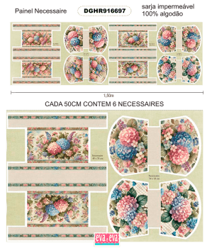 TECIDO SARJA IMPERMEAVEL EXCLUSIVO 100% ALGODÃO- HORTÊNSIAS E ROSAS - NECESSAIRE FLORAL -DGHR916697