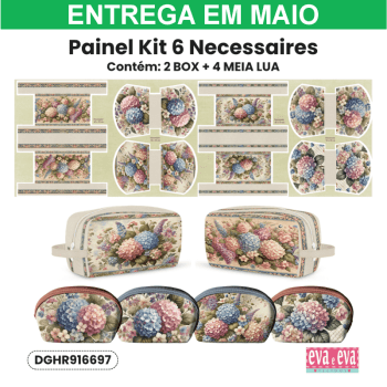 Tecido Painel Costura Criativa Kit 6 Necessaire Sarja Impermeável 100% Algodão - HORTÊNCIAS E ROSAS DGHR916697