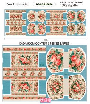 TECIDO SARJA IMPERMEAVEL EXCLUSIVO 100% ALGODÃO- HORTÊNSIAS E ROSAS - NECESSAIRE FLORAL -DGHR916698