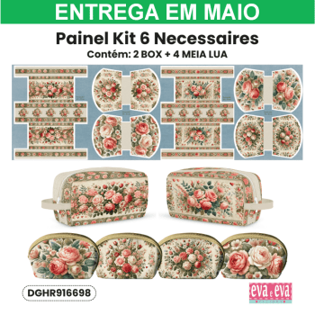 Tecido Painel Costura Criativa Kit 6 Necessaire Sarja Impermeável 100% Algodão - HORTÊNCIAS E ROSAS DGHR916698
