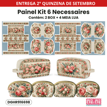 PAINEL EM TECIDO DE SARJA IMPERMEÁVEL 100% ALGODÃO COM 6 NECESSAIRES - HORTÊNCIAS E ROSAS DGHR916698