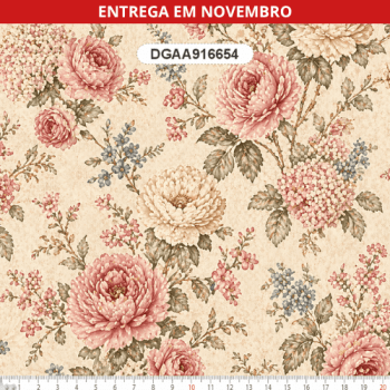 TECIDO TRICOLINE EXCLUSIVO 100% ALGODÃO - ATELIÊ DO AMOR - FLORAL BEGE - DGAA916654