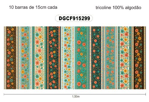 TECIDO TRICOLINE EXCLUSIVO 100% ALGODÃO - CAMINHO DAS FLORES - BARRADO FLORAL - DGCF915299