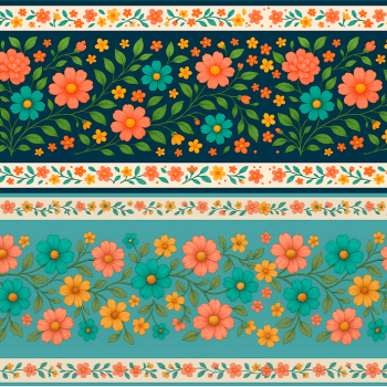 TECIDO TRICOLINE EXCLUSIVO 100% ALGODÃO - CAMINHO DAS FLORES - BARRADO FLORAL - DGCF915299
