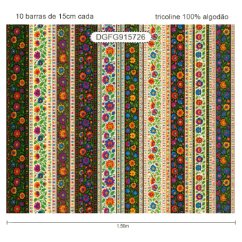 TECIDO TRICOLINE EXCLUSIVO 100% ALGODÃO - FOLK GARDEN - BARRADO FLORAL - DGFG915726 TECIDO TRICOLINE EXCLUSIVO 100% ALGODÃO - FOLK GARDEN - BARRADO FLORAL - DGFG915726