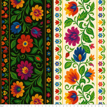 TECIDO TRICOLINE EXCLUSIVO 100% ALGODÃO - FOLK GARDEN - BARRADO FLORAL - DGFG915726