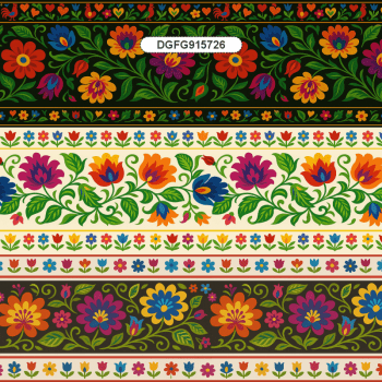 TECIDO TRICOLINE EXCLUSIVO 100% ALGODÃO - FOLK GARDEN - BARRADO FLORAL - DGFG915726