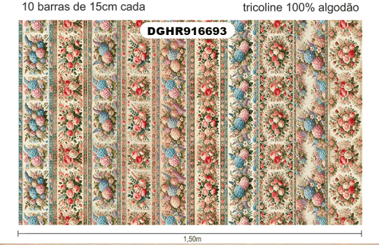 TECIDO TRICOLINE EXCLUSIVO 100% ALGODÃO - HORTÊNSIAS E ROSAS - BARRADO FLORAL - DGHR916693