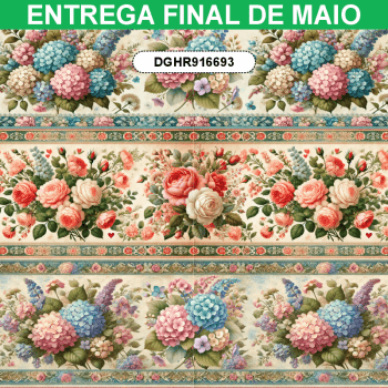 TECIDO TRICOLINE EXCLUSIVO 100% ALGODÃO - HORTÊNSIAS E ROSAS - BARRADO FLORAL - DGHR916693